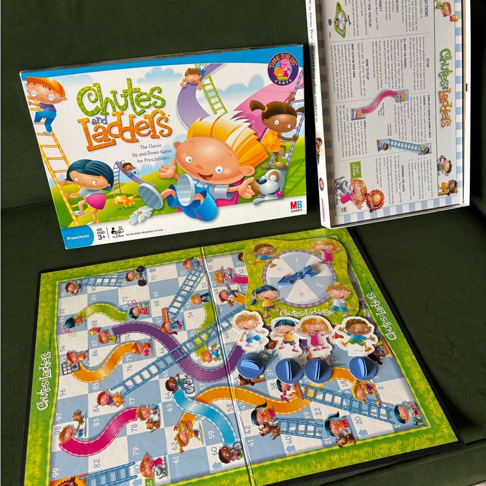 Chutes and Ladders Kids Board Game COMPLETE - Colorful Green/Blue Edition by